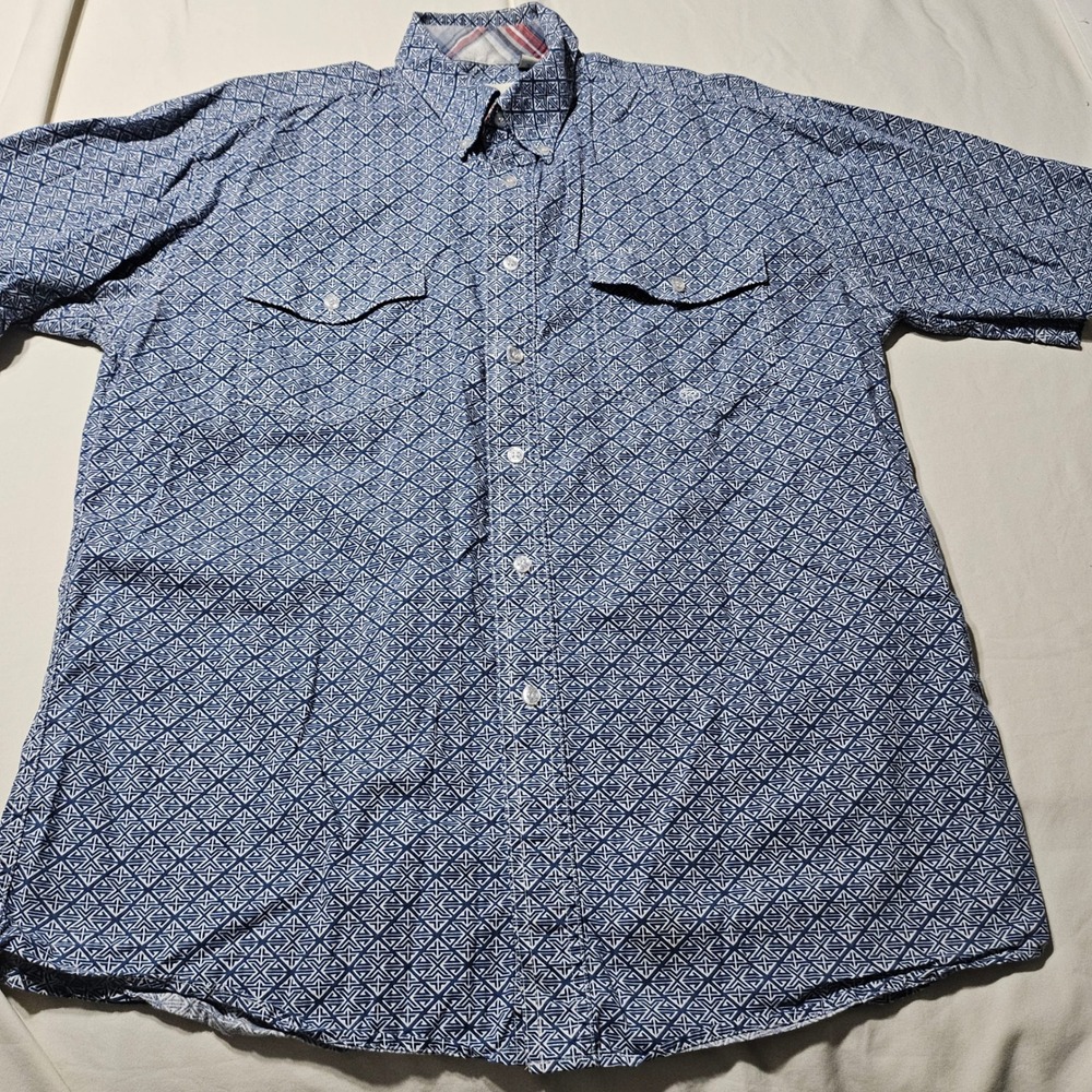 Roper Western Button Down Shirt Mens Large Blue Geometric Diamond Short Sleeve